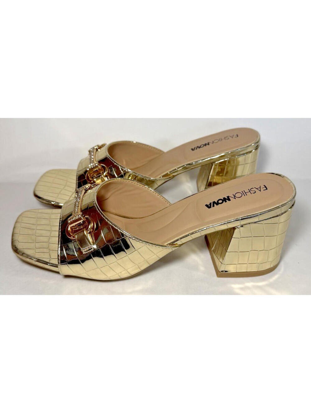 FASHION NOVA Xylia Hardware Croc Mules Block Heel Gold